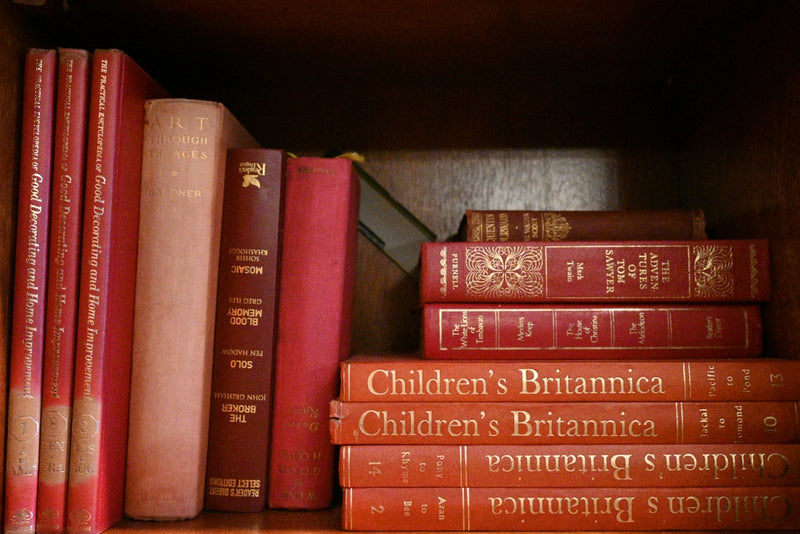A tidy shelf stacked with children's books, including a red encyclopedia