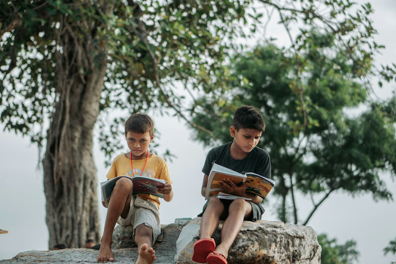 Two young boys sit outdoors under a tree reading books together, fully absorbed in the pages.