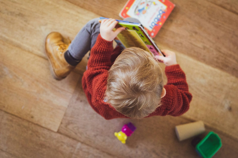 A toddler in a red sweater sits on the floor, deeply focused while holding open a picture book.