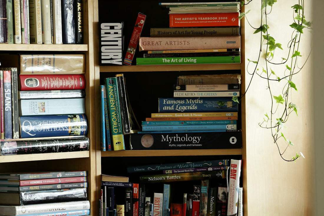 A well-organized home bookshelf filled with colorful books next to a green potted plant