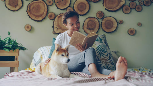 A girl sitting on her bed reading a book while petting a small puppy beside her
