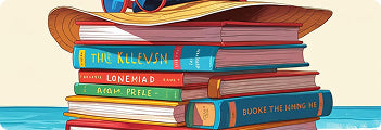 Stack of books with a sun hat on a beach